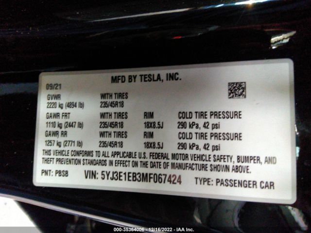 5YJ3E1EB3MF067424 Tesla Model 3 Long Range