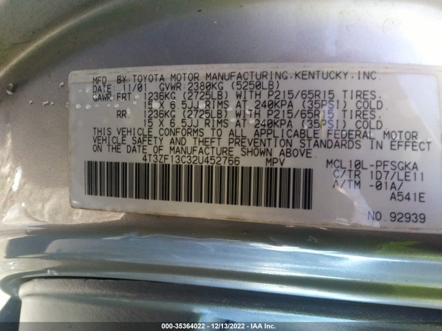 2002 TOYOTA SIENNA LE/XLE VIN: 4T3ZF13C32U452766