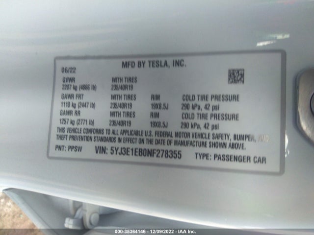 Tesla MODEL 3 2022 5YJ3E1EB0NF278355 Image 10