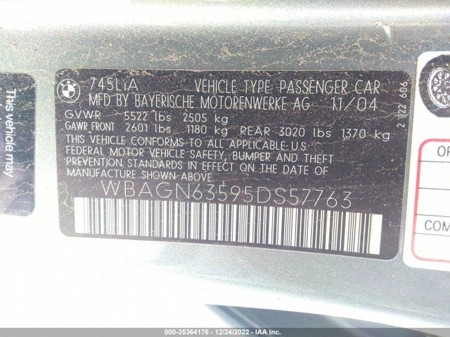 2005 BMW 7 SERIES 745LI VIN: WBAGN63595DS57763