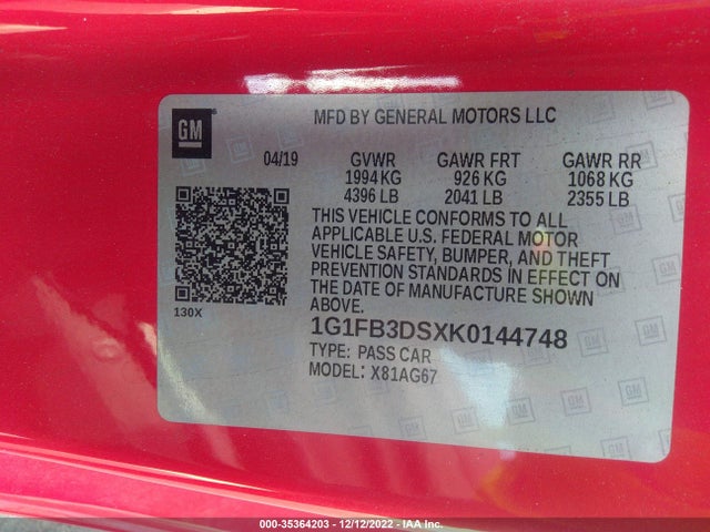 2019 Chevrolet Camaro, VIN: 1G1FB3DSXK0144748