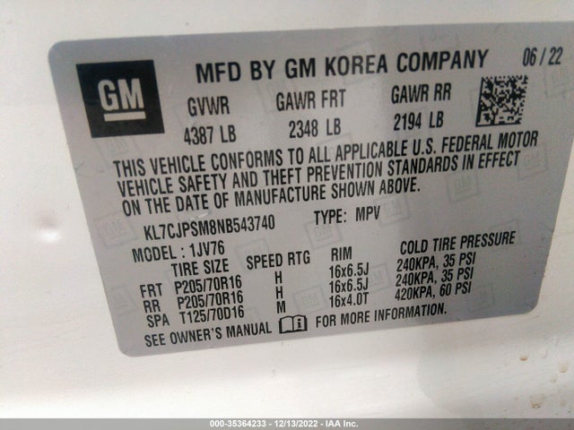 2022 Chevrolet Trax, VIN: KL7CJPSM8NB543740