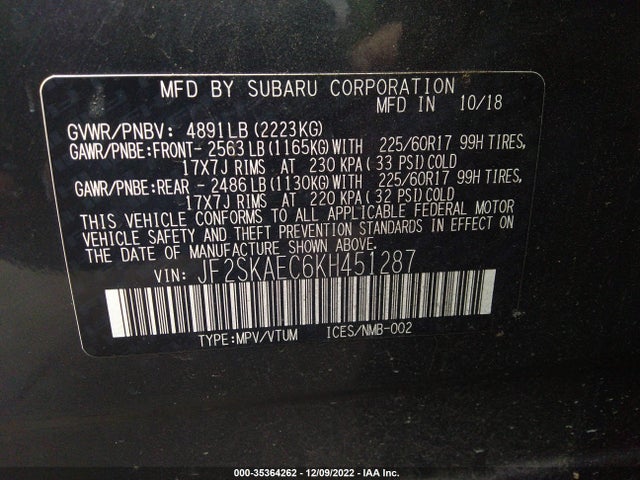 2019 Subaru Forester, VIN: JF2SKAEC6KH451287