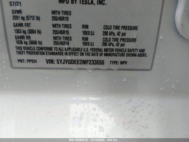 Tesla Model Y Long Range 2021 5YJYGDEE2MF233556 Image 9