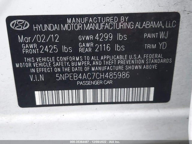 2012 HYUNDAI SONATA GLS VIN: 5NPEB4AC7CH485986