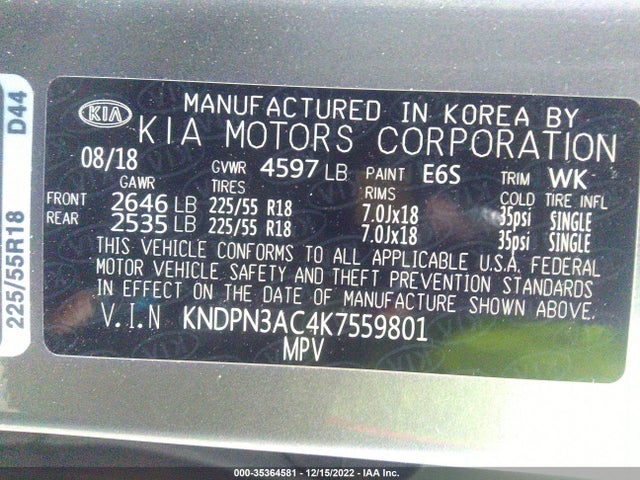 2019 KIA SPORTAGE EX VIN: KNDPN3AC4K7559801