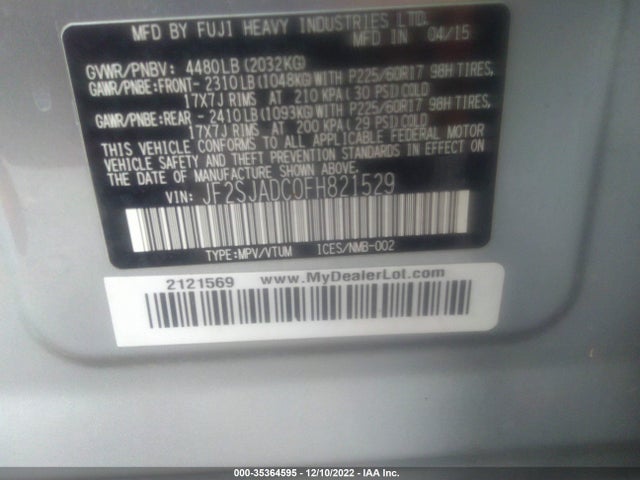 2015 SUBARU FORESTER 2.5I PREMIUM VIN: JF2SJADC0FH821529