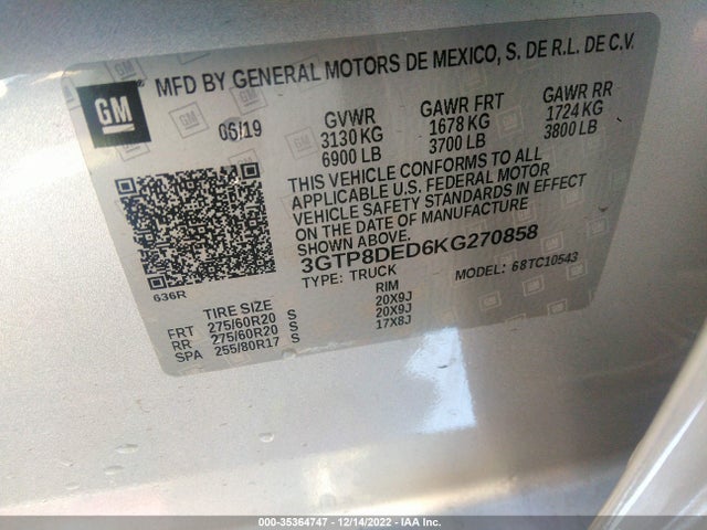 2019 GMC Sierra 1500, VIN: 3GTP8DED6KG270858