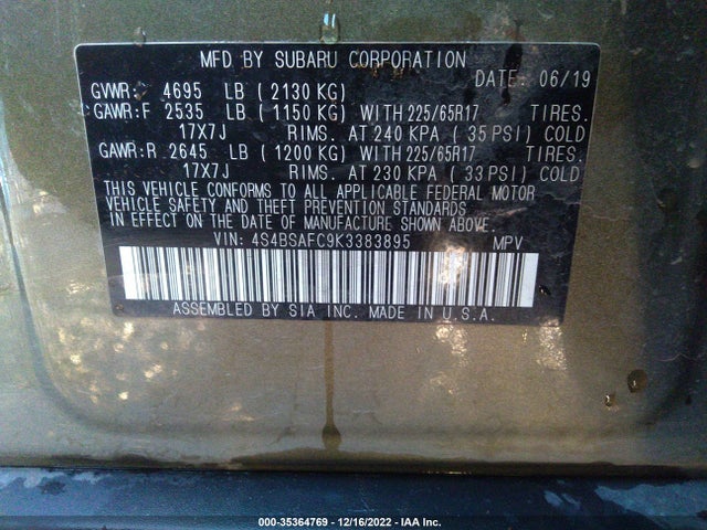 Subaru Outback Premium 2019 4S4BSAFC9K3383895 Image 11