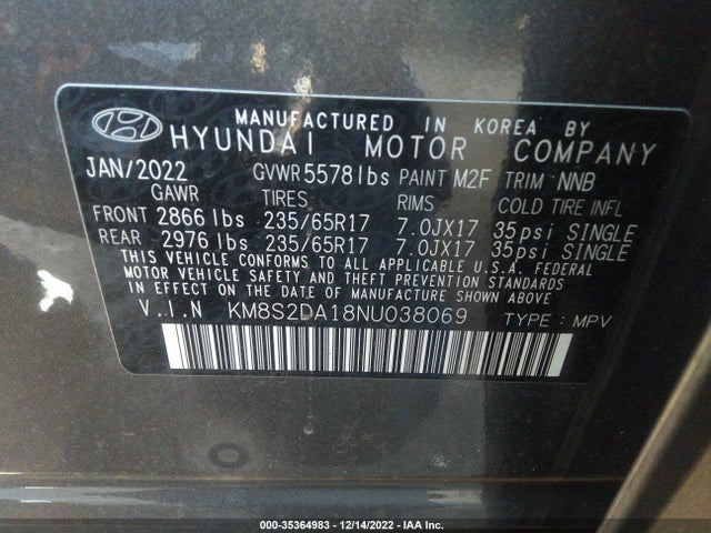 2022 Hyundai Santa Fe, VIN: KM8S2DA18NU038069