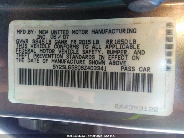 2008 PONTIAC VIBE VIN: 5Y2SL65808Z403341