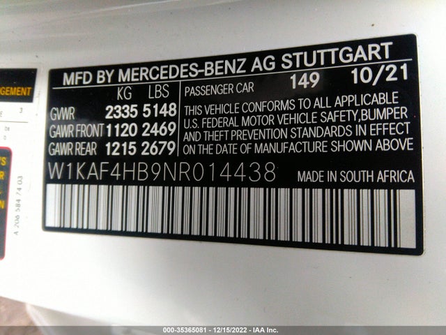 2022 Mercedes-Benz C-Class, VIN: W1KAF4HB9NR014438