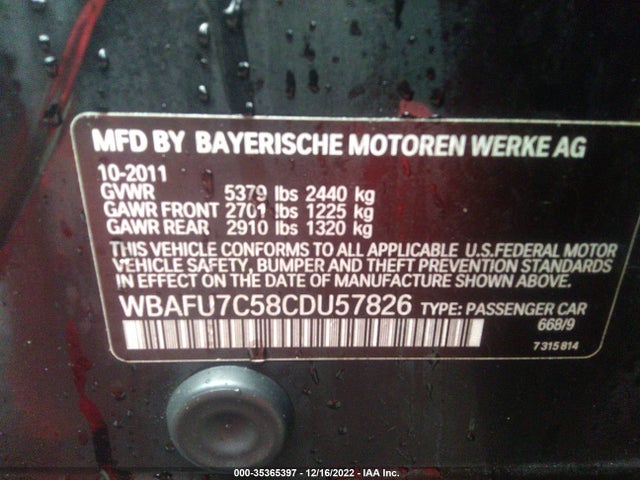 2012 BMW 5 SERIES 535I XDRIVE VIN: WBAFU7C58CDU57826
