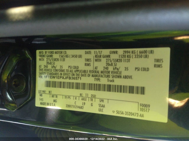 35366020 :رقم المزاد ، 1FTEW1EPXJFB36571 vin ، 2018 Ford F-150 Xl/xlt/lariat مزاد بيع