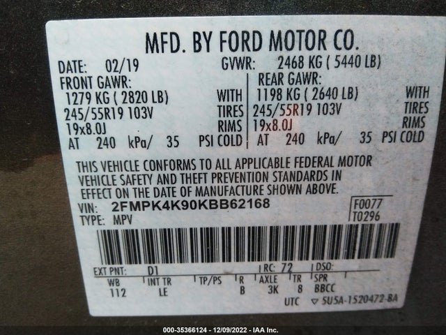 2019 FORD EDGE TITANIUM VIN: 2FMPK4K90KBB62168