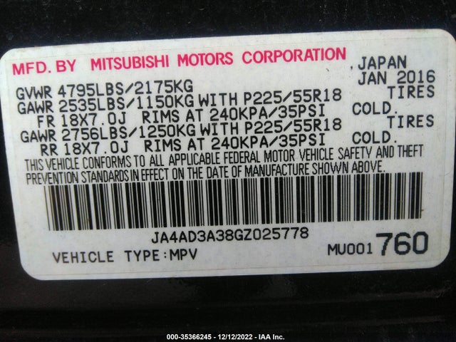 2016 Mitsubishi Outlander, VIN: JA4AD3A38GZ025778