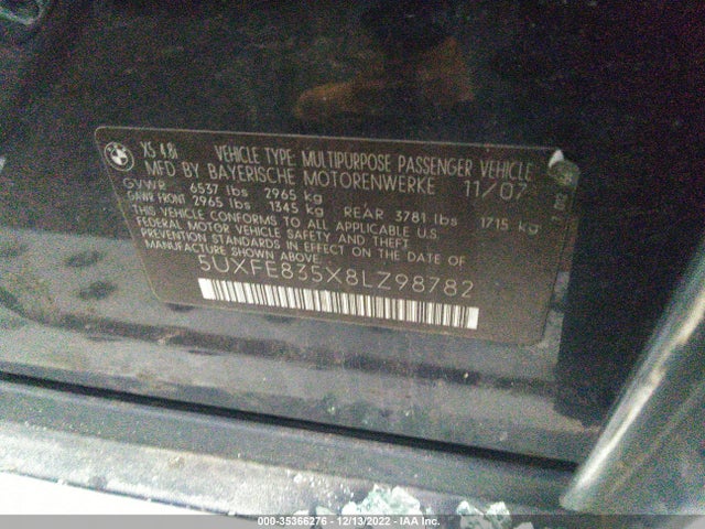2008 BMW X5 4.8I VIN: 5UXFE835X8LZ98782