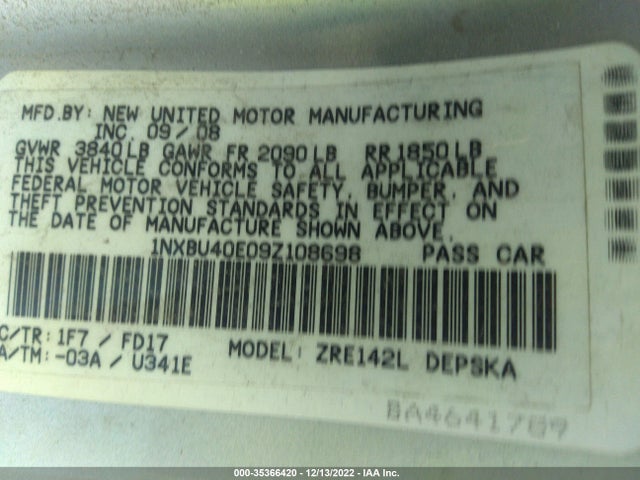 2009 TOYOTA COROLLA VIN: 1NXBU40E09Z108698