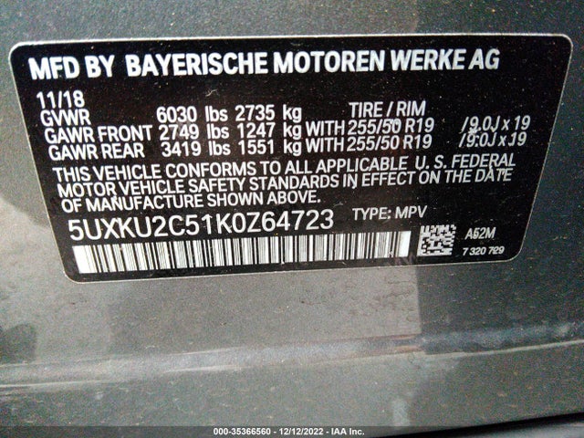 2019 BMW X6, VIN: 5UXKU2C51K0Z64723