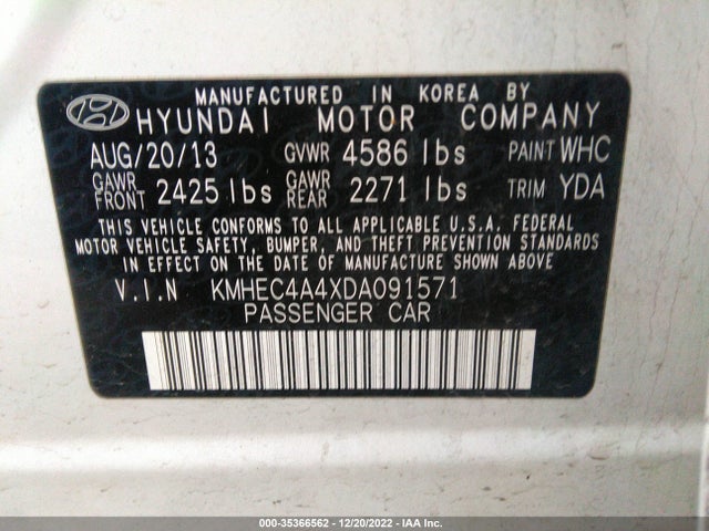 2013 HYUNDAI SONATA HYBRID LIMITED VIN: KMHEC4A4XDA091571