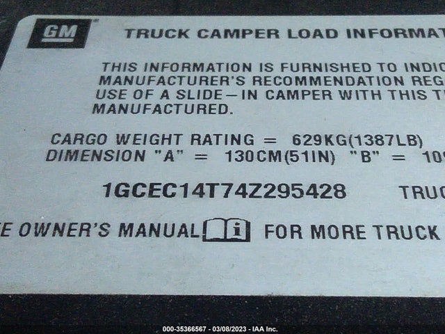 2004 CHEVROLET SILVERADO 1500 WORK TRUCK VIN: 1GCEC14T74Z295428