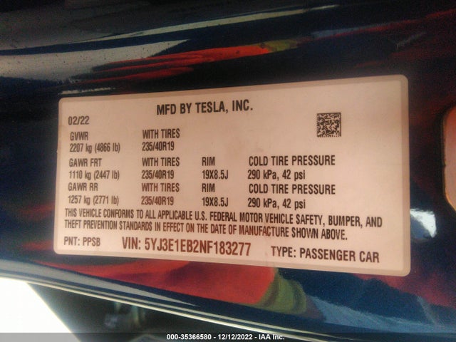 Tesla MODEL 3 2022 5YJ3E1EB2NF183277 Image 11