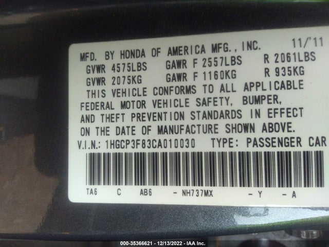 2012 HONDA ACCORD SDN EX-L VIN: 1HGCP3F83CA010030