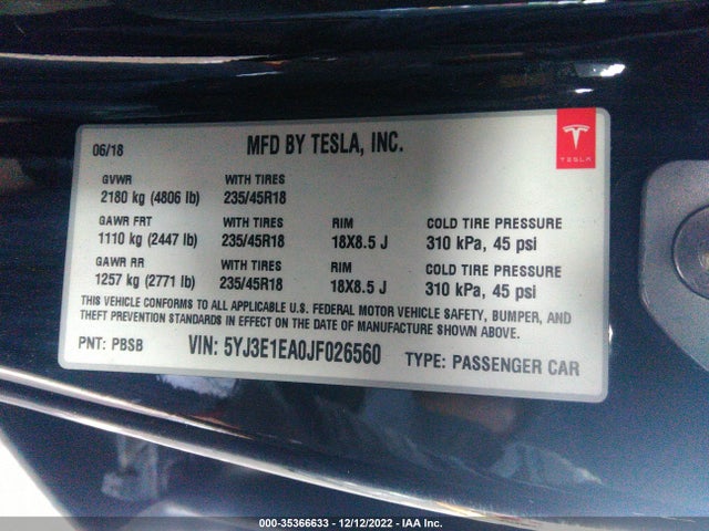 Tesla Model 3 Range Battery 2018 5YJ3E1EA0JF026560 Image 9