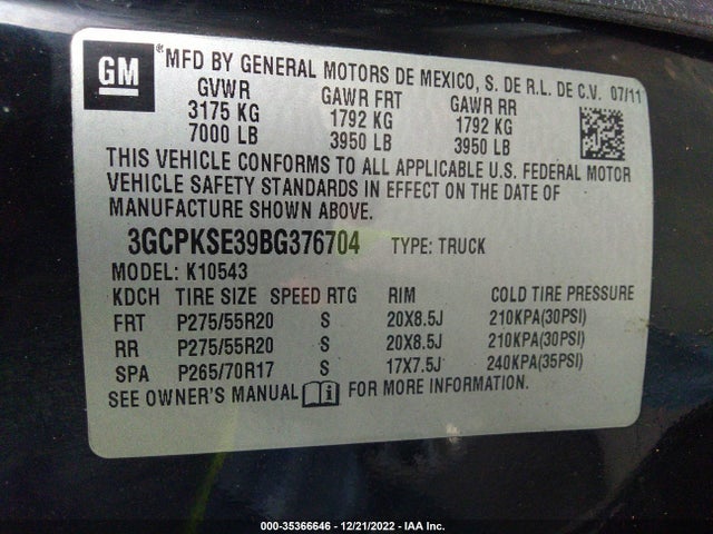 2011 CHEVROLET SILVERADO 1500 LT VIN: 3GCPKSE39BG376704