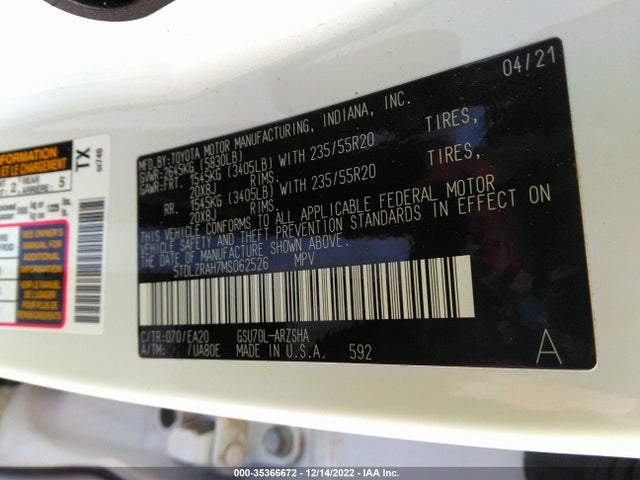 2021 Toyota Highlander, VIN: 5TDLZRAH7MS062526