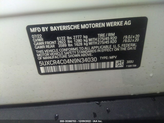 5UXCR4C04N9N34030 BMW X5 Sdrive40i