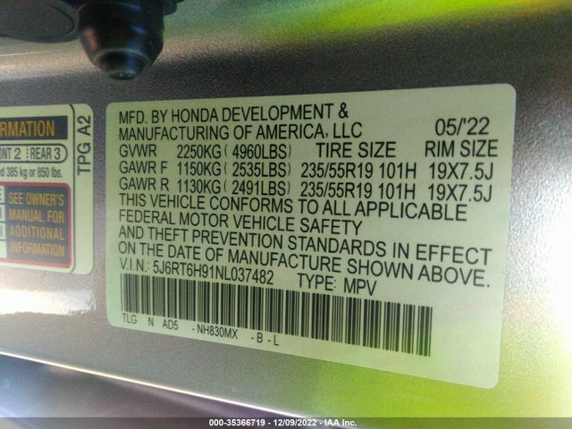 2022 Honda CR-V, VIN: 5J6RT6H91NL037482