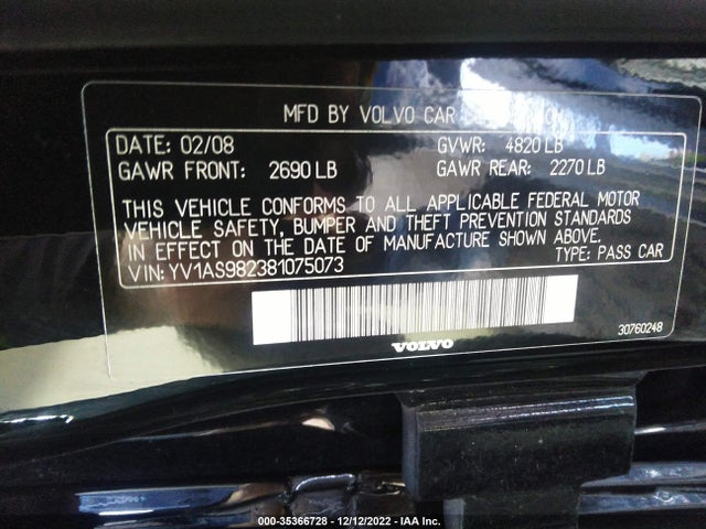 2008 VOLVO S80 3.2L VIN: YV1AS982381075073
