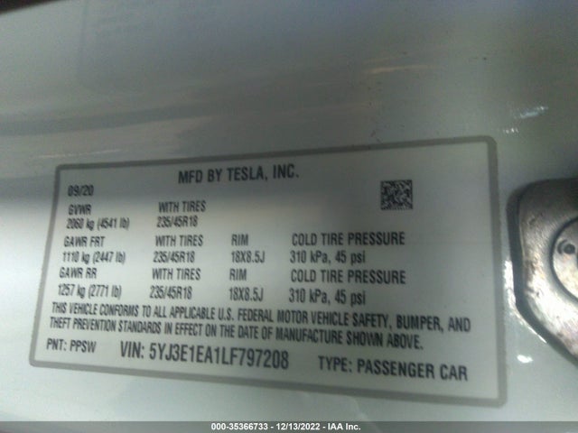 Tesla Model 3 Standard Range 2020 5YJ3E1EA1LF797208 Image 10