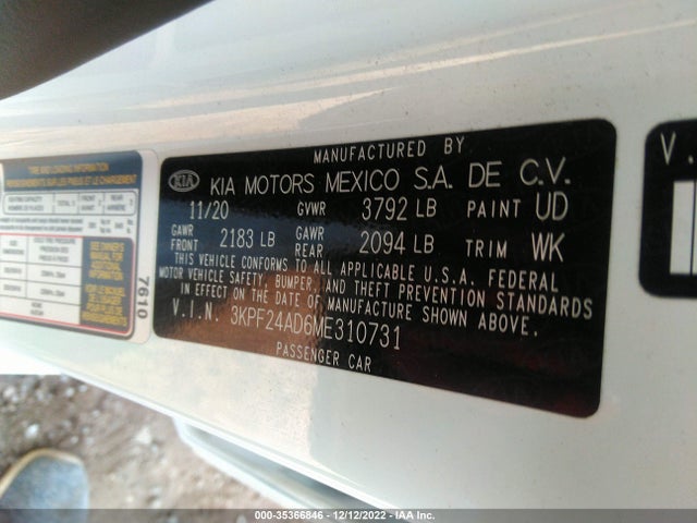 2021 KIA FORTE LXS VIN: 3KPF24AD6ME310731
