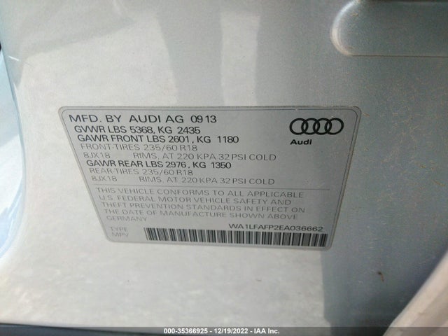 2014 AUDI Q5 PREMIUM PLUS VIN: WA1LFAFP2EA036662