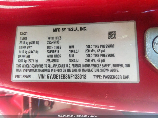 Tesla Model 3 Long Range 2022 5YJ3E1EB3NF133018 Image 9