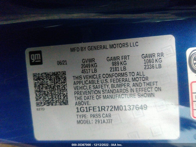 2021 Chevrolet Camaro, VIN: 1G1FE1R72M0137649