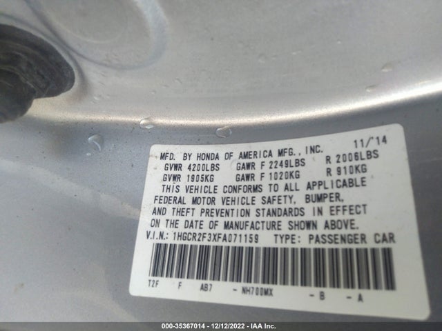 Honda Accord Sedan Lx 2015 1HGCR2F3XFA071159 Image 9