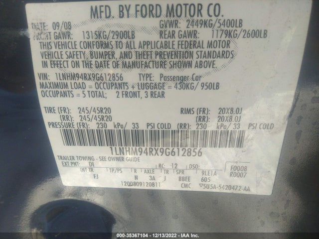 Lincoln MKS 2009 1LNHM94RX9G612856 Image 10