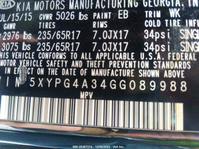 5XYPG4A34GG089988 KIA SORENTO LX