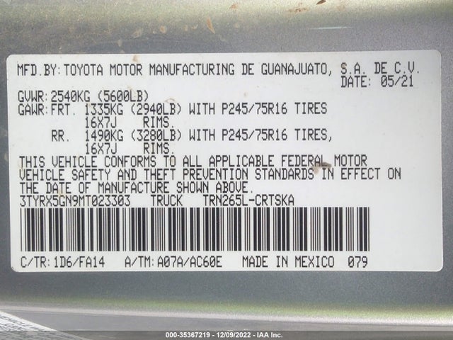 2021 Toyota Tacoma, VIN: 3TYRX5GN9MT023303