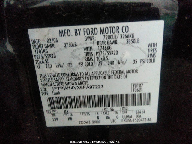 2006 FORD F-150 XLT/FX4/LARIAT/KING RANCH VIN: 1FTPW14VX6FA97223