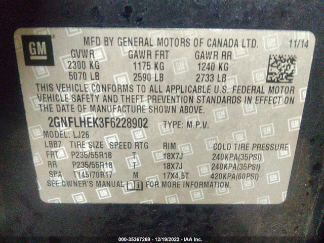 2015 CHEVROLET EQUINOX LTZ VIN: 2GNFLHEK3F6228902