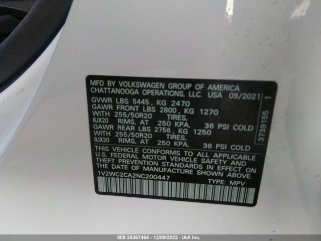 2022 Volkswagen Atlas, VIN: 1V2WC2CA2NC200447