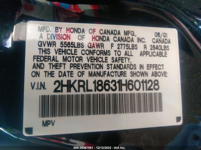 2001 HONDA ODYSSEY EX VIN: 2HKRL18631H601128