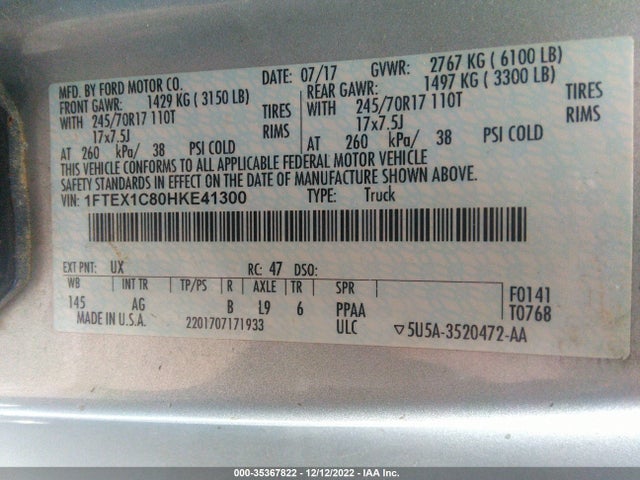 2017 FORD F-150 XL/XLT VIN: 1FTEX1C80HKE41300