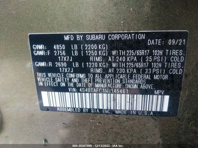 4S4BTAFC1N3145461 Subaru Outback Premium