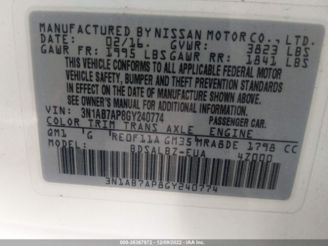 3N1AB7AP8GY240774 Nissan Sentra Sr/sl/s/sv/fe+ S