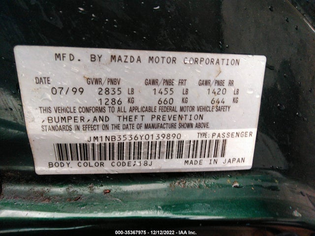 2000 MAZDA MX-5 MIATA BASE/LS VIN: JM1NB3536Y0139890